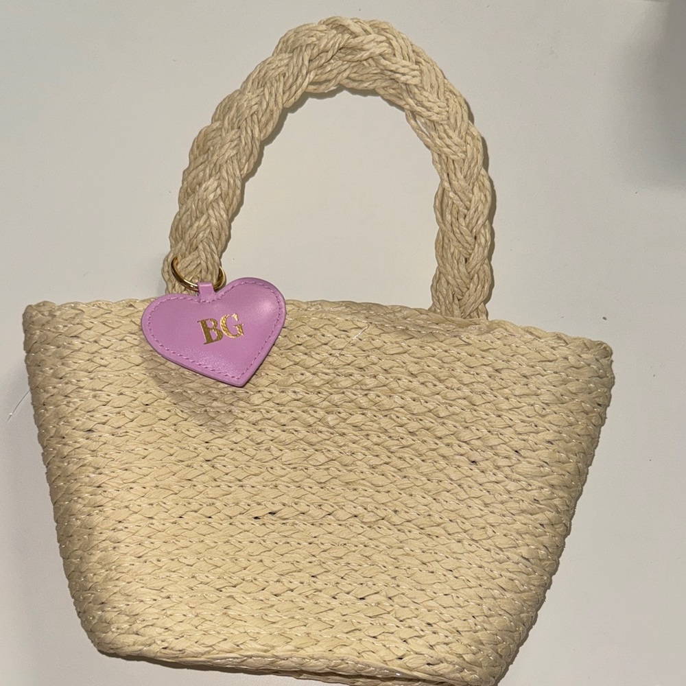Bergdorf Goodman Cream Woven Tote with removable Heart Charm keyring